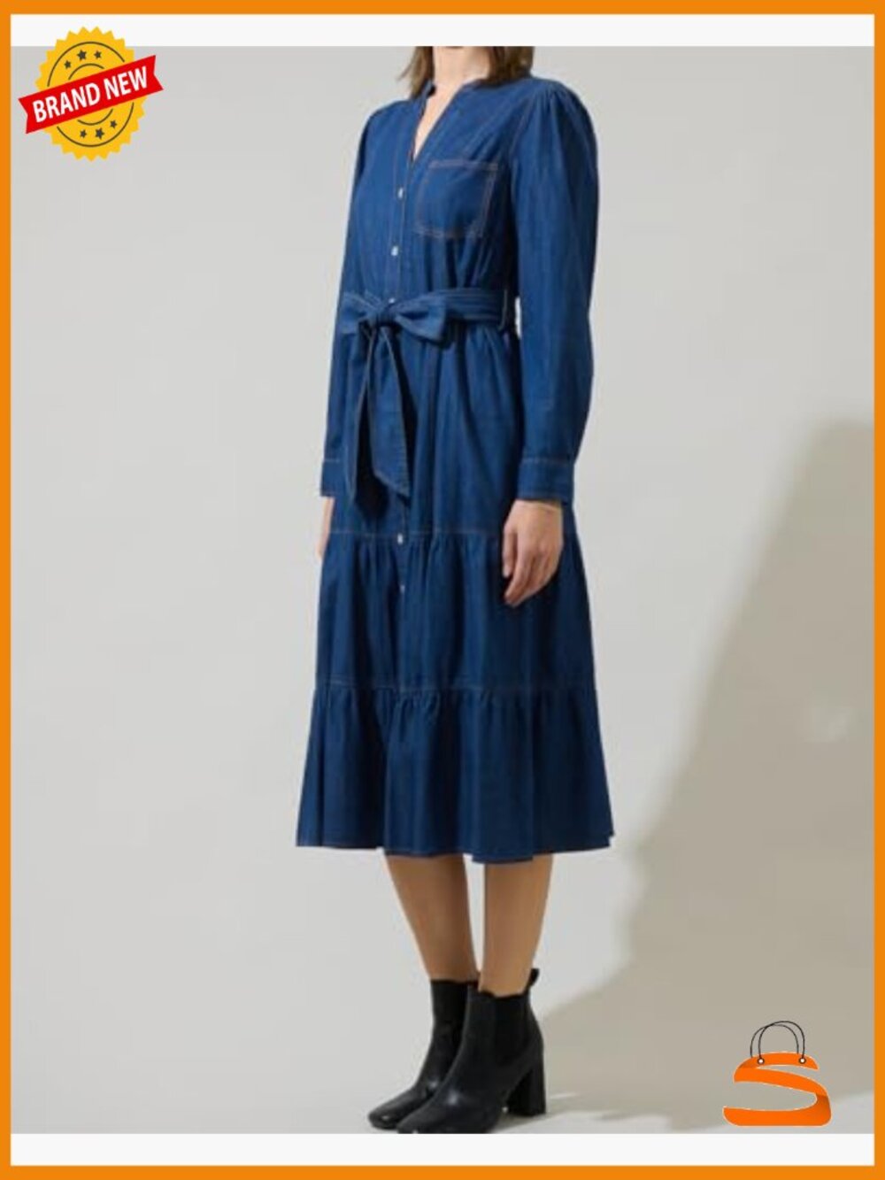 Women Casual Long Denim Dress Babydoll Ruffle Long Sleeve Jean Shirt Midi - Picture 4 of 6